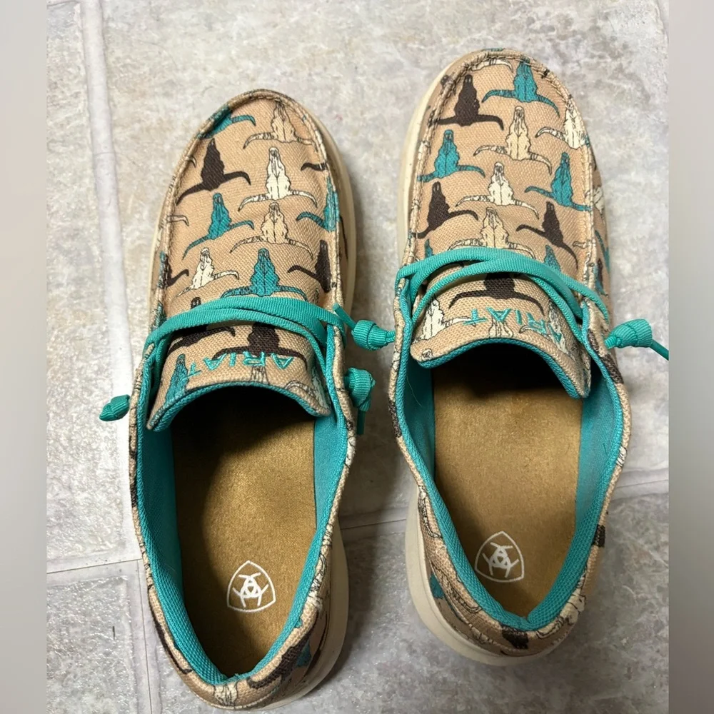 Wore once. Ariat Tan Canvas Sneakers with Teal and Brown. - Picture 3 of 4